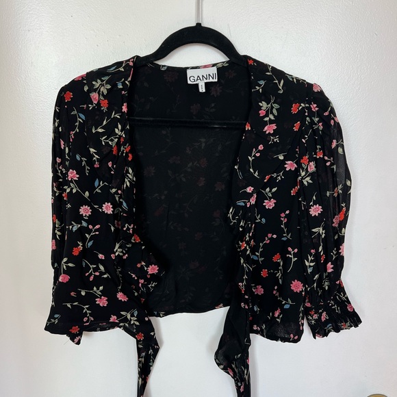 NWT GANNI Elm Floral Print Georgette Wrap Top, Black Size 38 (US 6) - Picture 4 of 7
